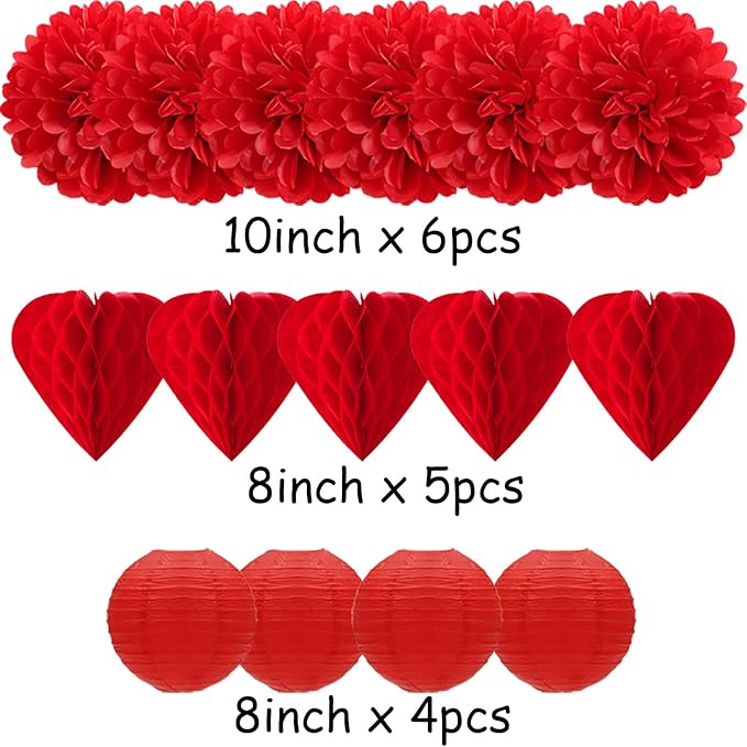 Red Valentines Day Paper Flowers Tissue Pom Poms Hearts Honeycomb
