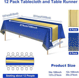 12Pack Disposable Plastic Tablecloths and Satin Table Runner Set Blue