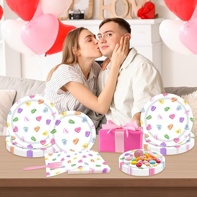 96Pcs Valentines Day Paper Tableware Set Conversation Hearts Party
