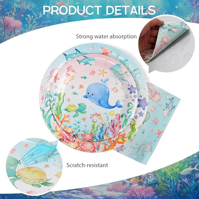 96Pcs Under the Sea Plates Party Supplies Fish Paper Plates and