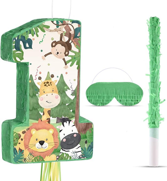 Wild One Piñata Number 1 Pull String Mini Piñata with Blindfold Bat