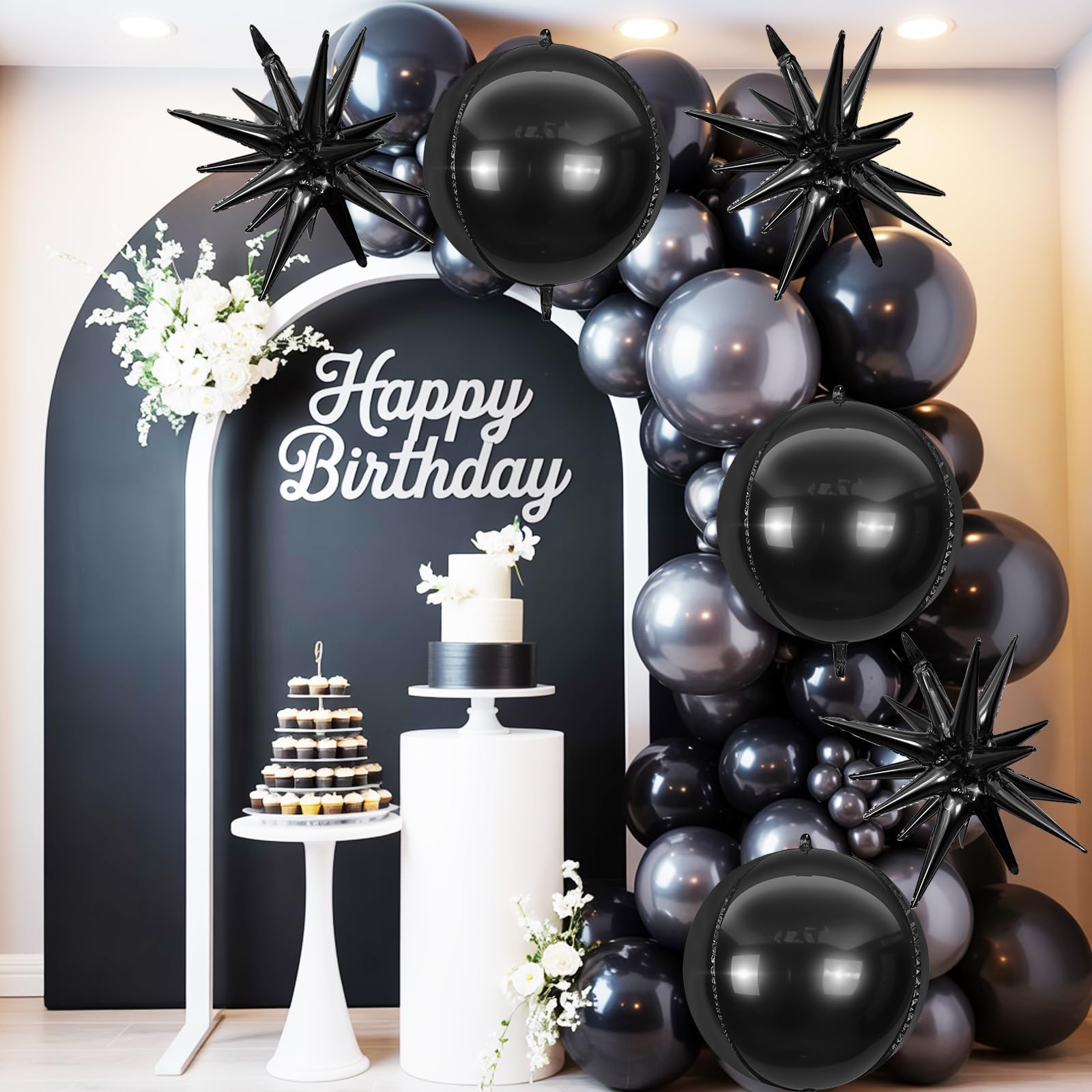6Pcs Black Foil Balloons,22Inch Black 4D Round Ball Balloon and
