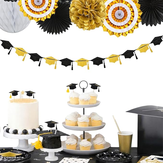 Black Gold Party-Decoration Graduation Banner - 14pcs Kits Cap