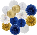 Navy-Blue White Gold Party Decorations - 14pcs Kits Paper Lanterns