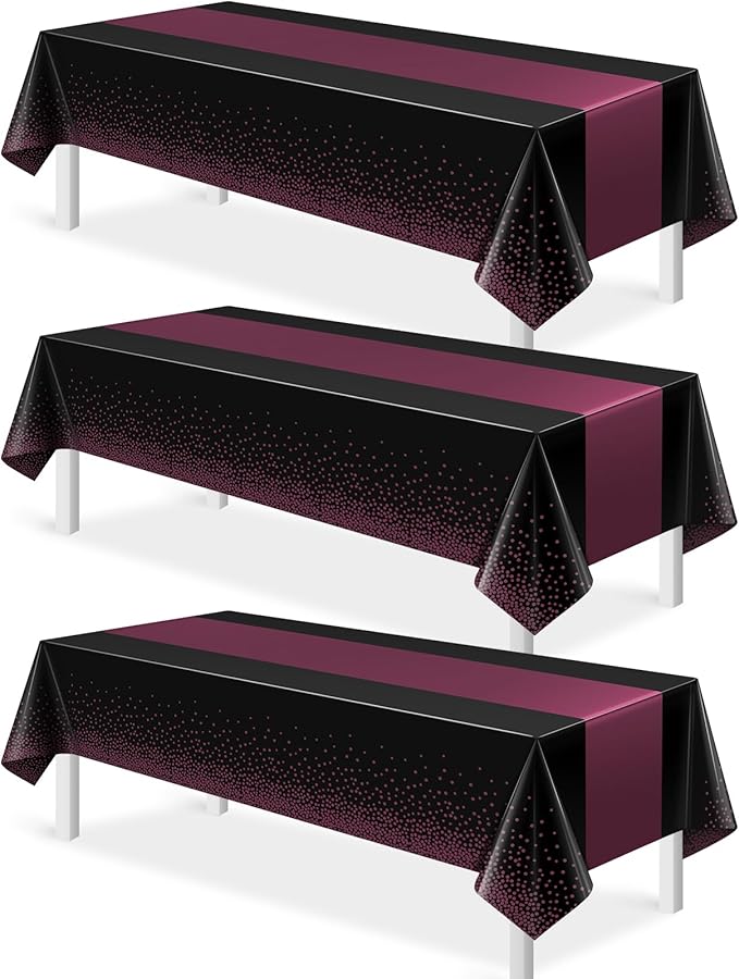 3Pcs Black and Maroon Purple Tablecloth Party Decorations,Plastic