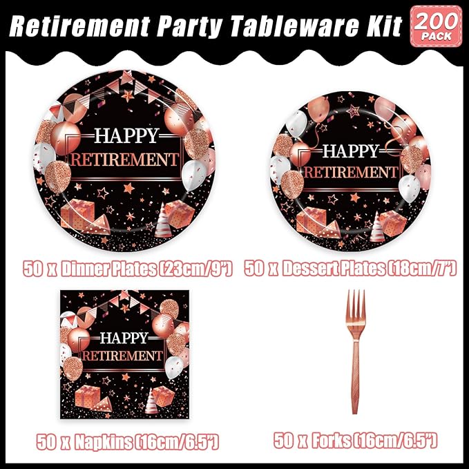 200Pcs Retirement Party Plates and Napkins Set Rose Gold Happy