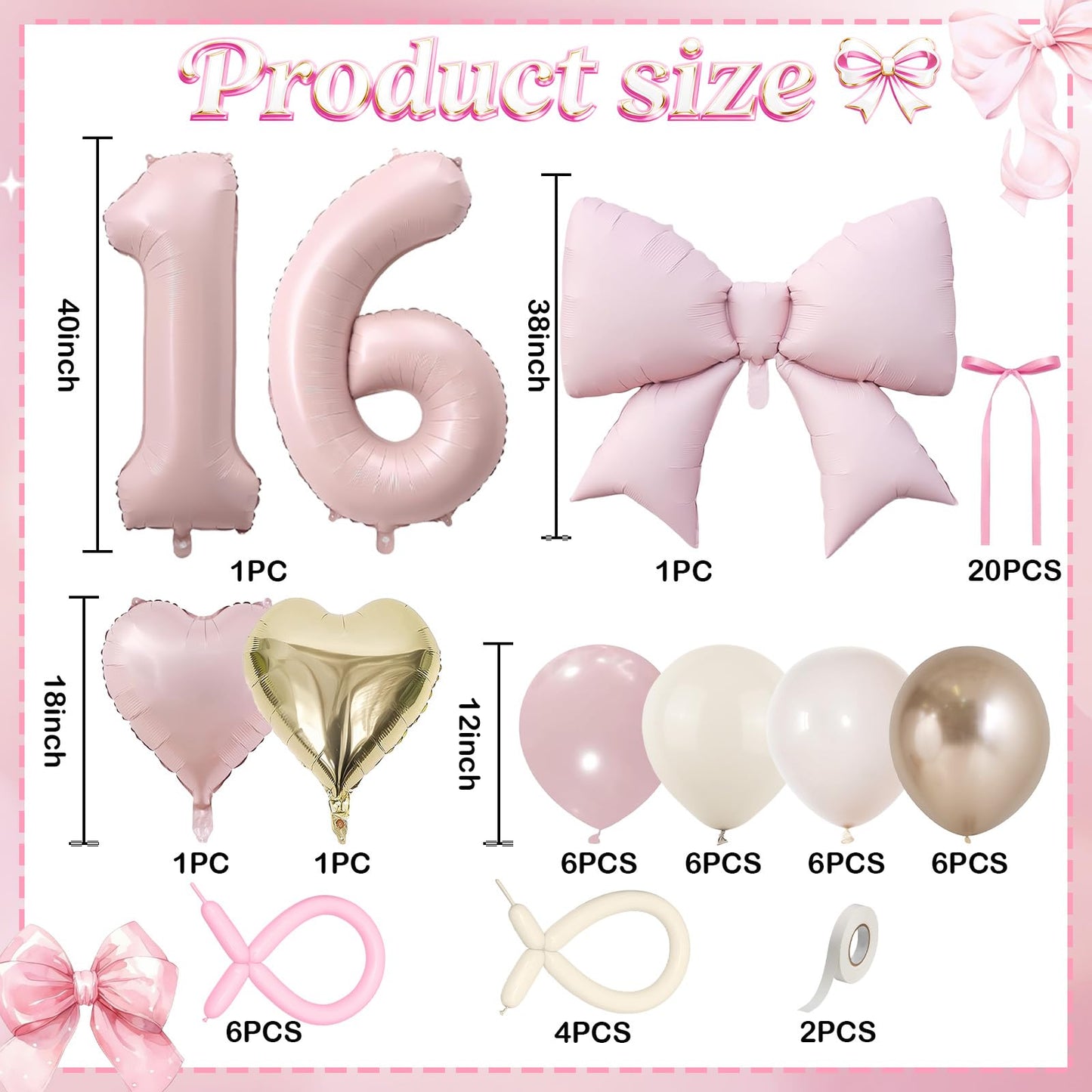 Pink Sweet 16 Number Balloon, 16th Birthday Decorations for Girls
