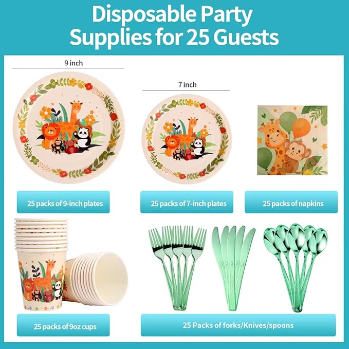 175 PCS Jungle Party Plate Set Animal Theme Party Decorations