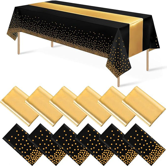12Pack Disposable Plastic Tablecloths and Satin Table Runner Set