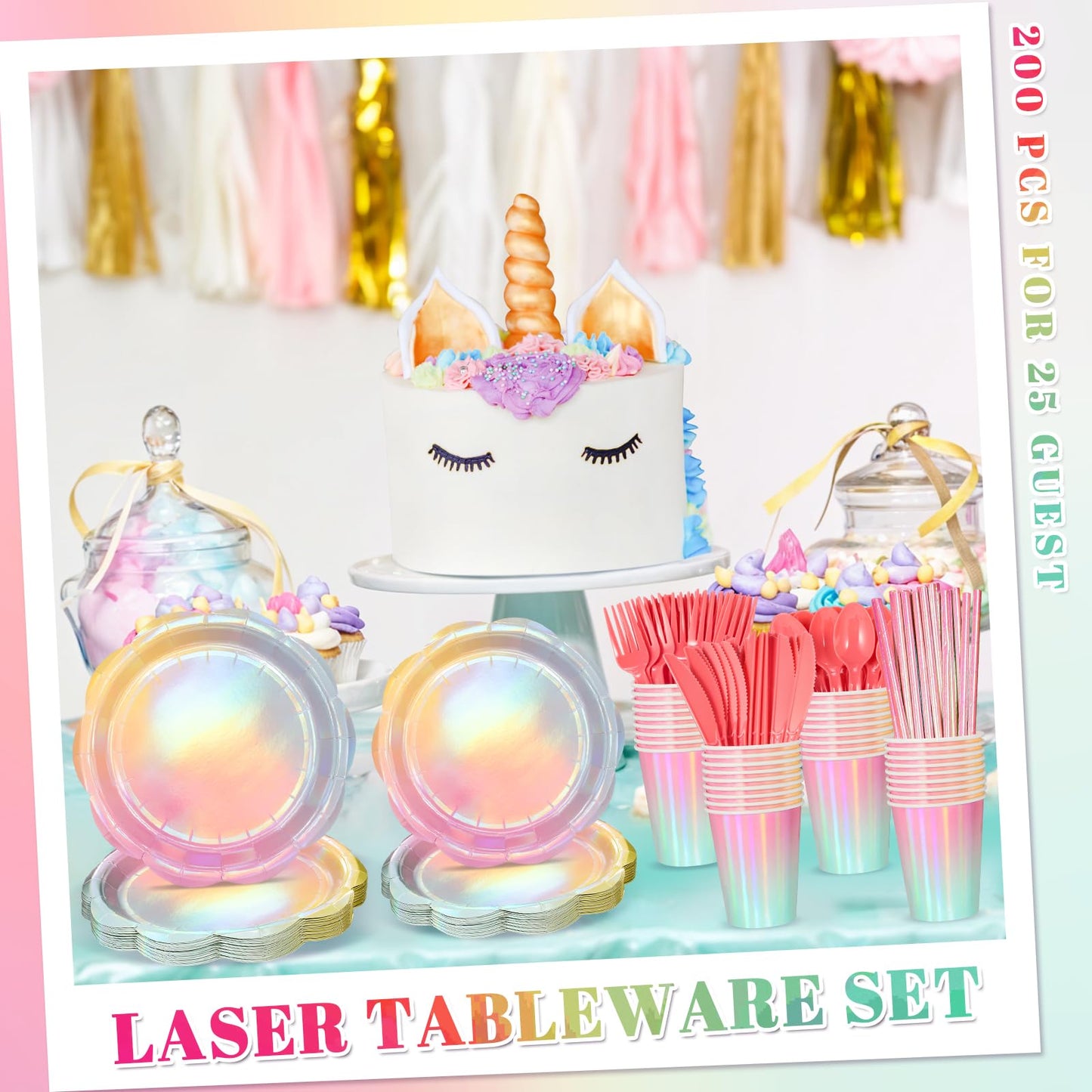 NatNarr 200 Pcs Iridescent Pastel Party Supplies Decorations, 25 Guest