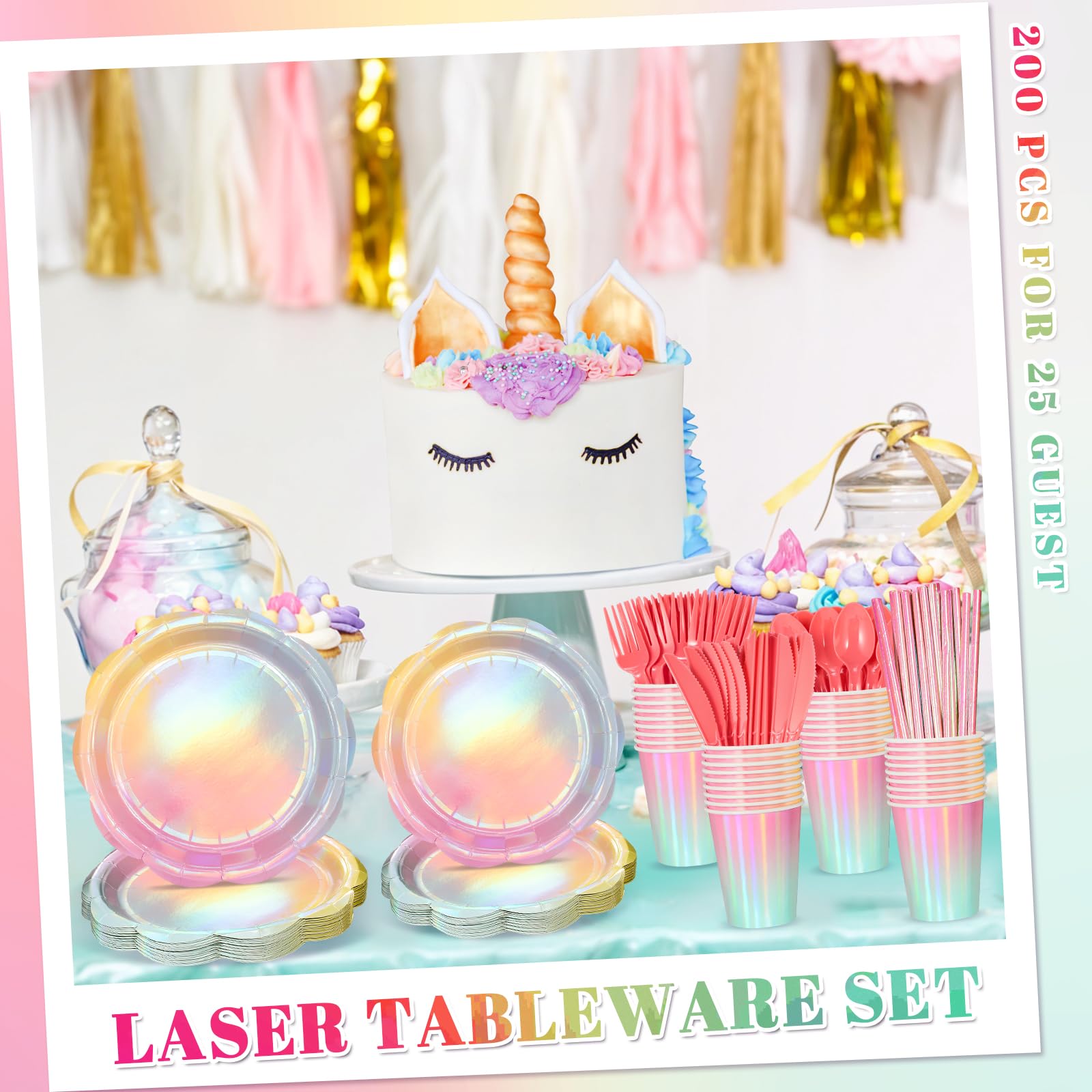 NatNarr 200 Pcs Iridescent Pastel Party Supplies Decorations, 25 Guest