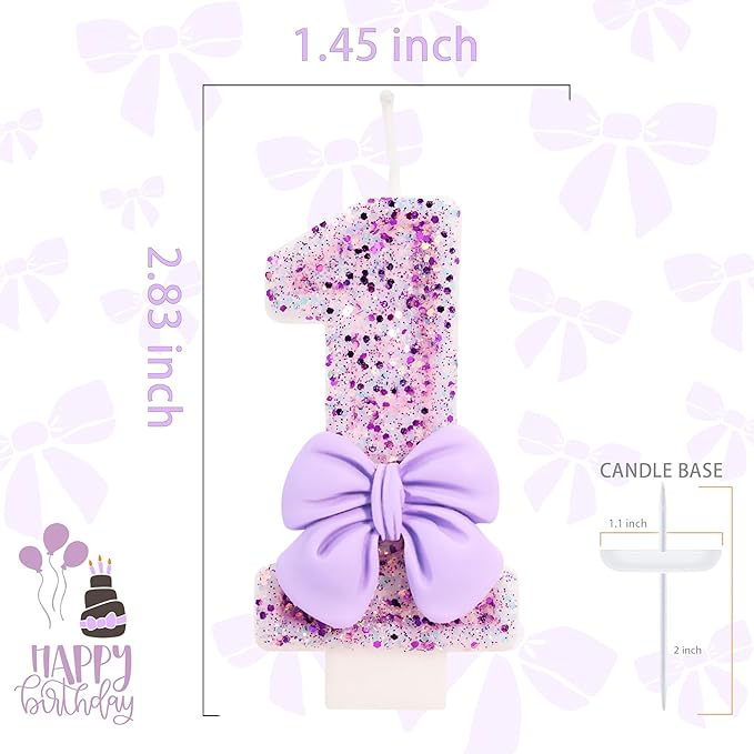 Birthday Candle for Cake, 1 Candle - Purple Bowknot, 2.76 inch Cake