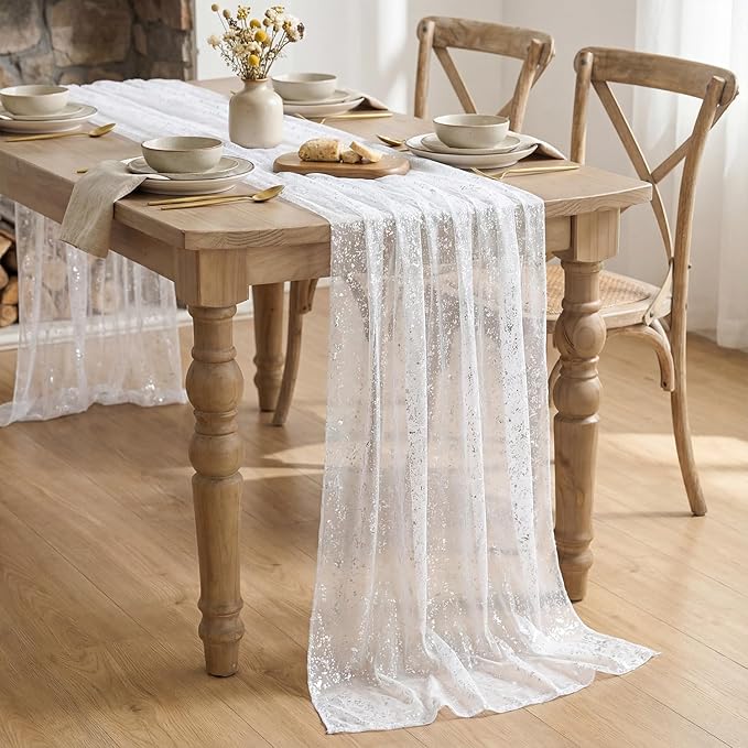 Artoid Mode White Silver Gauze Table Runner 59x120 Inch 10FT, Glitter