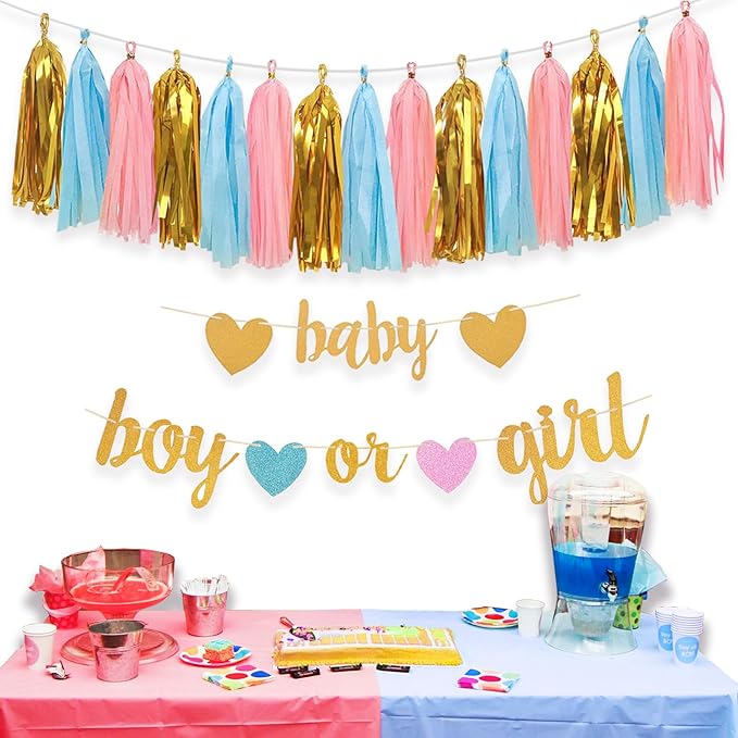 Baby Gender Reveal Decorations Glitter Letters Baby and Boy or Girl