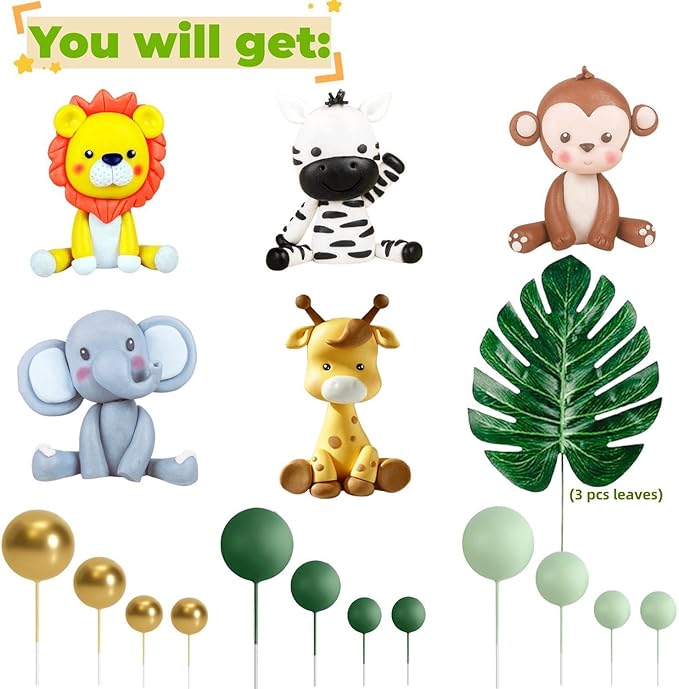 20 PCS Jungle Safari Animal Cake Topper with Lion Giraffe Monkey