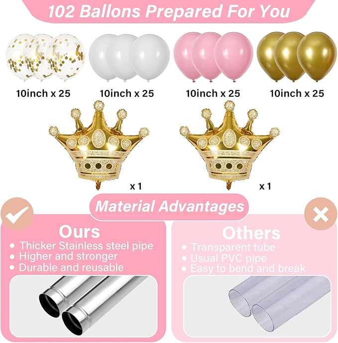 2 Sets Princess Party Balloon Column Stand Kit With 102 Crown Foil