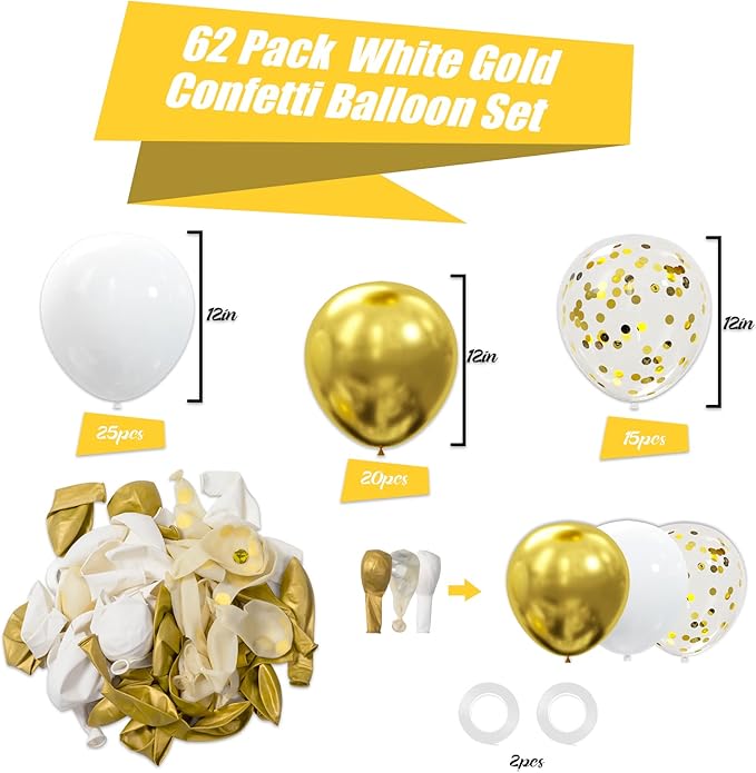 62pcs Gold White Balloons Kit - 12 Inches Gold White Confetti Party