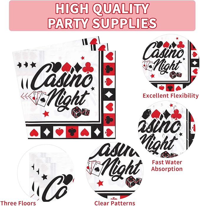 200PCS Casino Party Decorations Poker Plates and Napkins Disposable