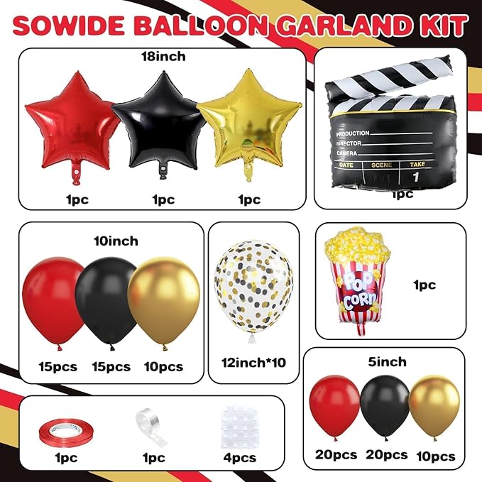 Movie Night Balloon Garland Arch Kit Red Black Gold Balloons with