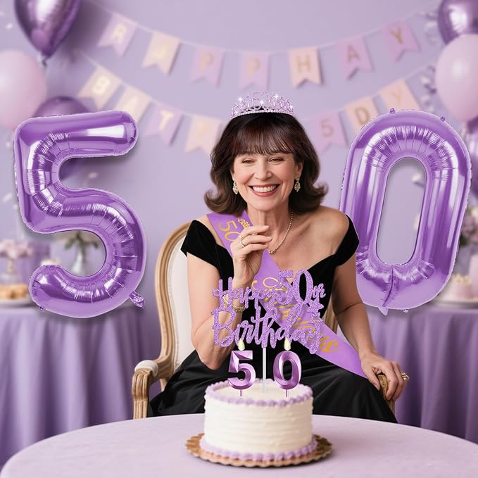 50th Birthday Decorations for Women Purple with 50th Birthday Sash