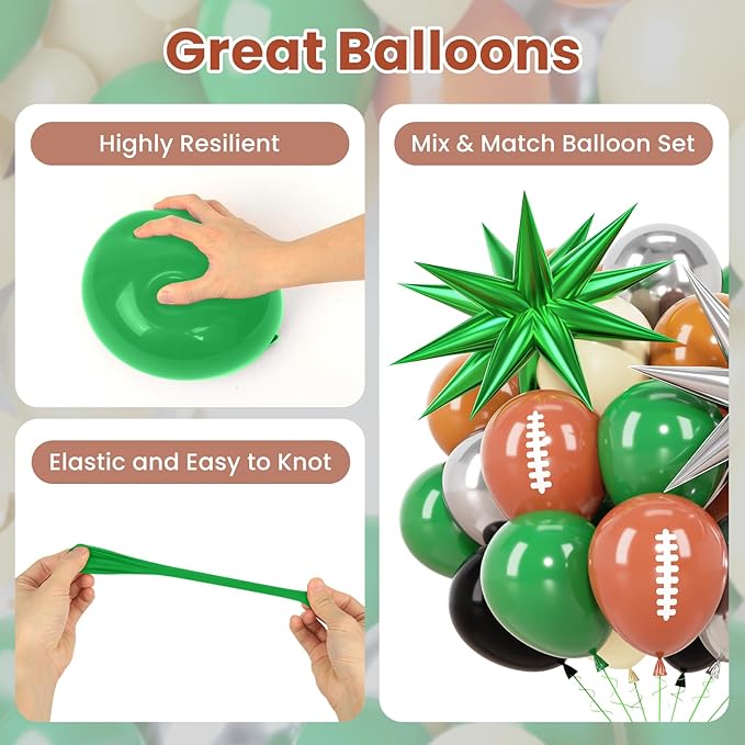 60pcs Football Balloons 12 Inch Dark Green Black Silver Khaki White