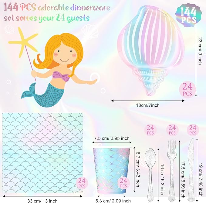144 Pcs Mermaid Party Supplies Tableware Mermaids Themed Decorations