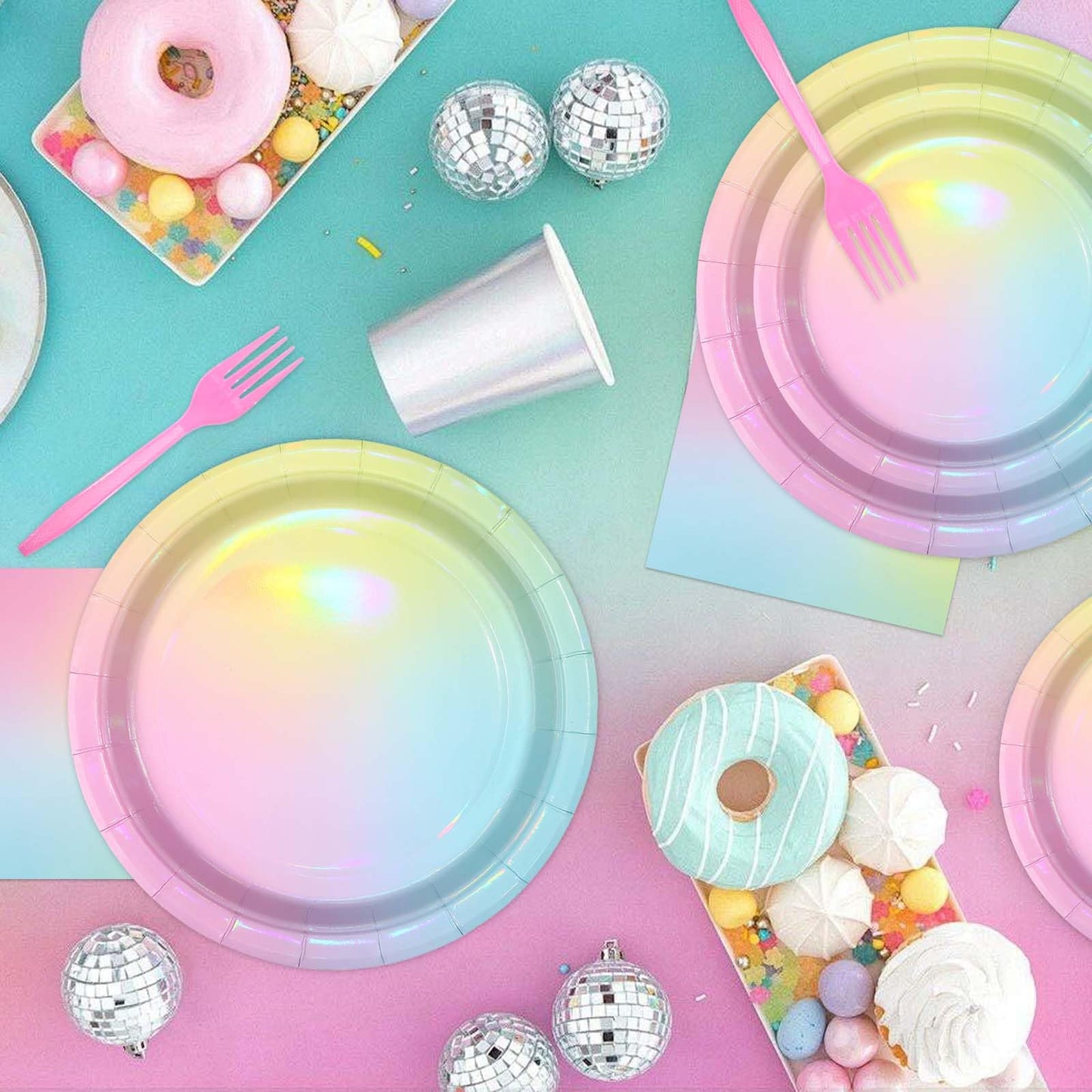 96Pcs Pastel Rainbow Birthday Party Supplies Iridescent Pastel Plates