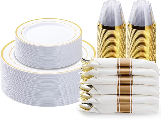 BESTVIP 175PCS Gold Plastic Dinnerware Set, Disposable Party Plates