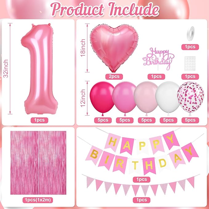 1st Birthday Decorations for Girls Hot Pink Birthday Balloons with