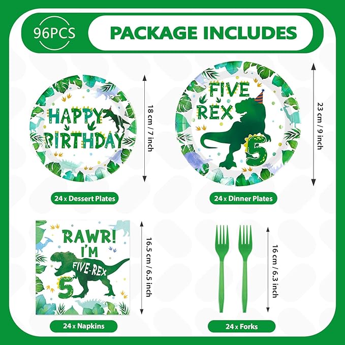 96 Pcs Dinosaur 5th Birthday Decorations Five Rex Plates and Napkins