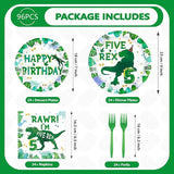96 Pcs Dinosaur 5th Birthday Decorations Five Rex Plates and Napkins