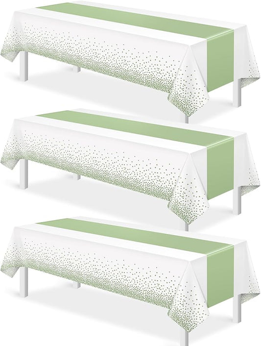 3Pcs White and Sage Green Tablecloth Decorations,Plastic White Table