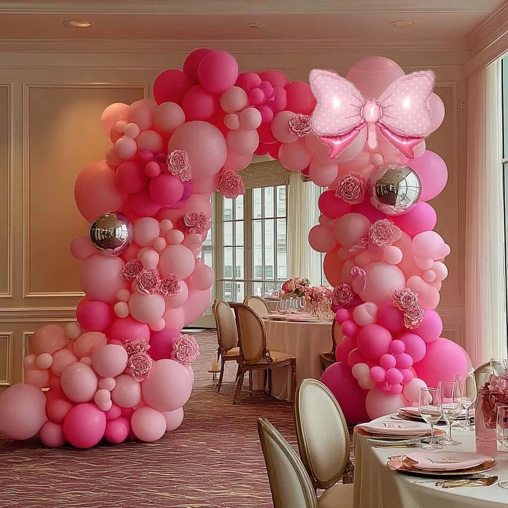 Pink Balloon Arch Kit Double Stuffed Peach Pink Bow Balloon Garland