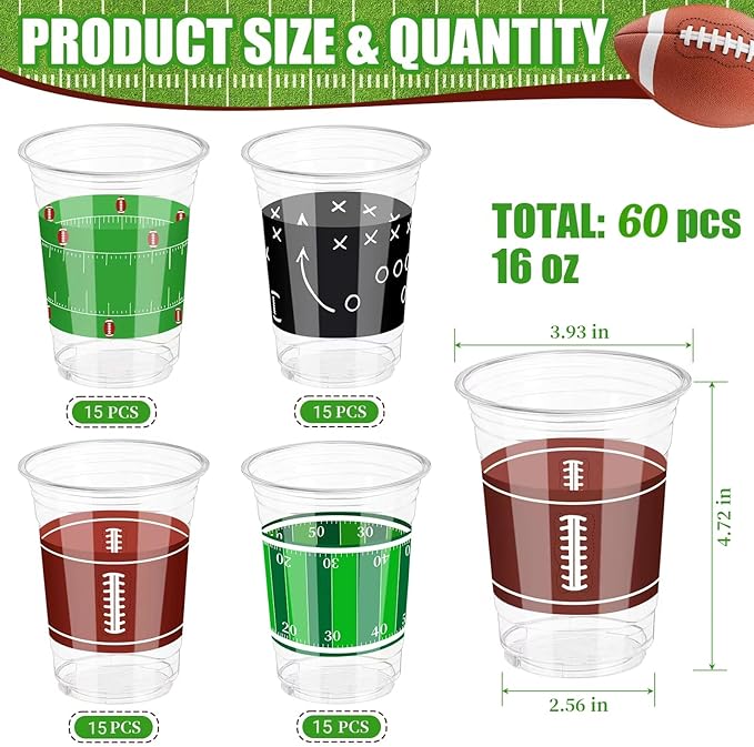 60 Pcs Football Party Cups in Bulk 16 Oz Disposable Plastic Football