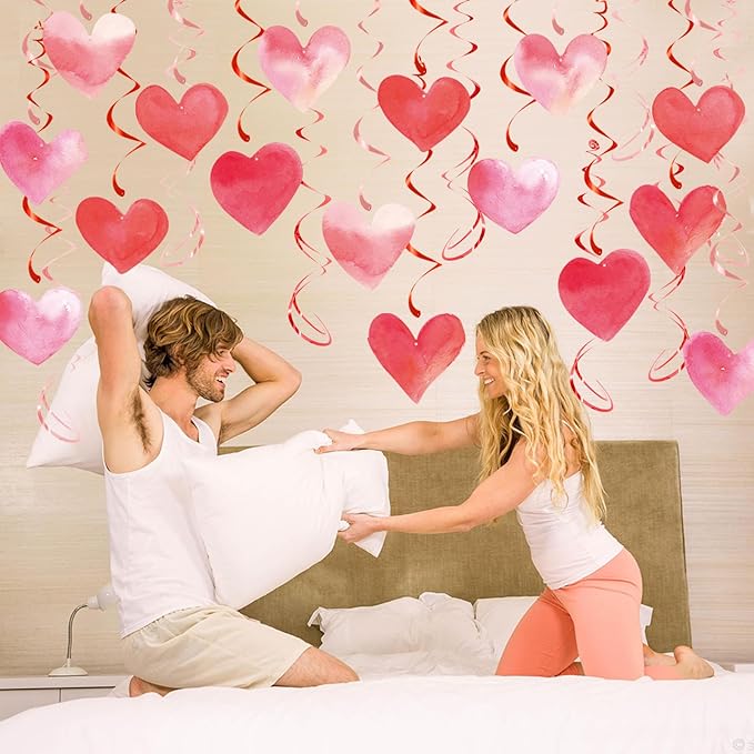 Red Pink Heart Hanging Swirl Decorations, Foil Ceiling Hanging Whirls