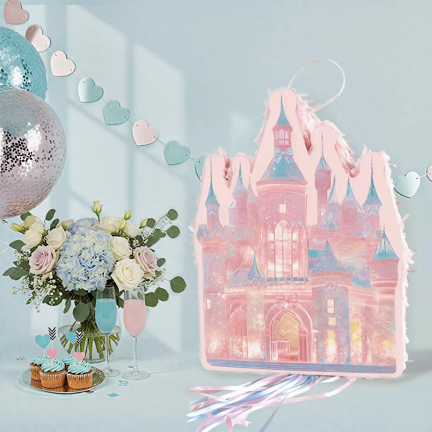 Princess Castle Pinata Set - Coquette Pink Castle Pull String Piñata