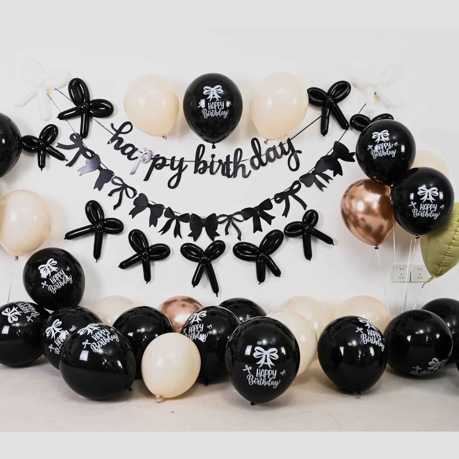 Black Gold Sand White Bow Birthday Decorations, Coquette Party Decor