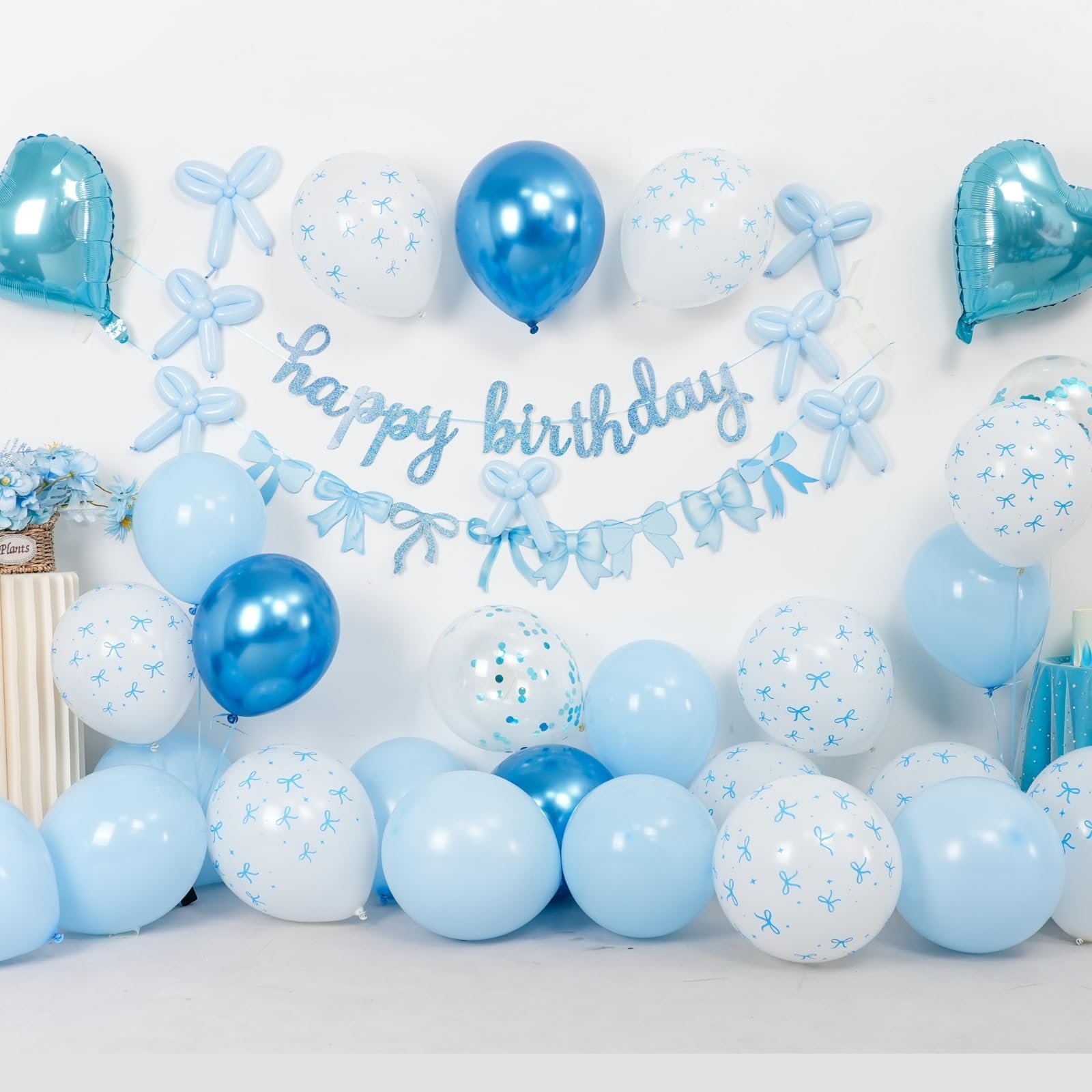 Blue Bow Birthday Decorations, Coquette Party Decor with Happy