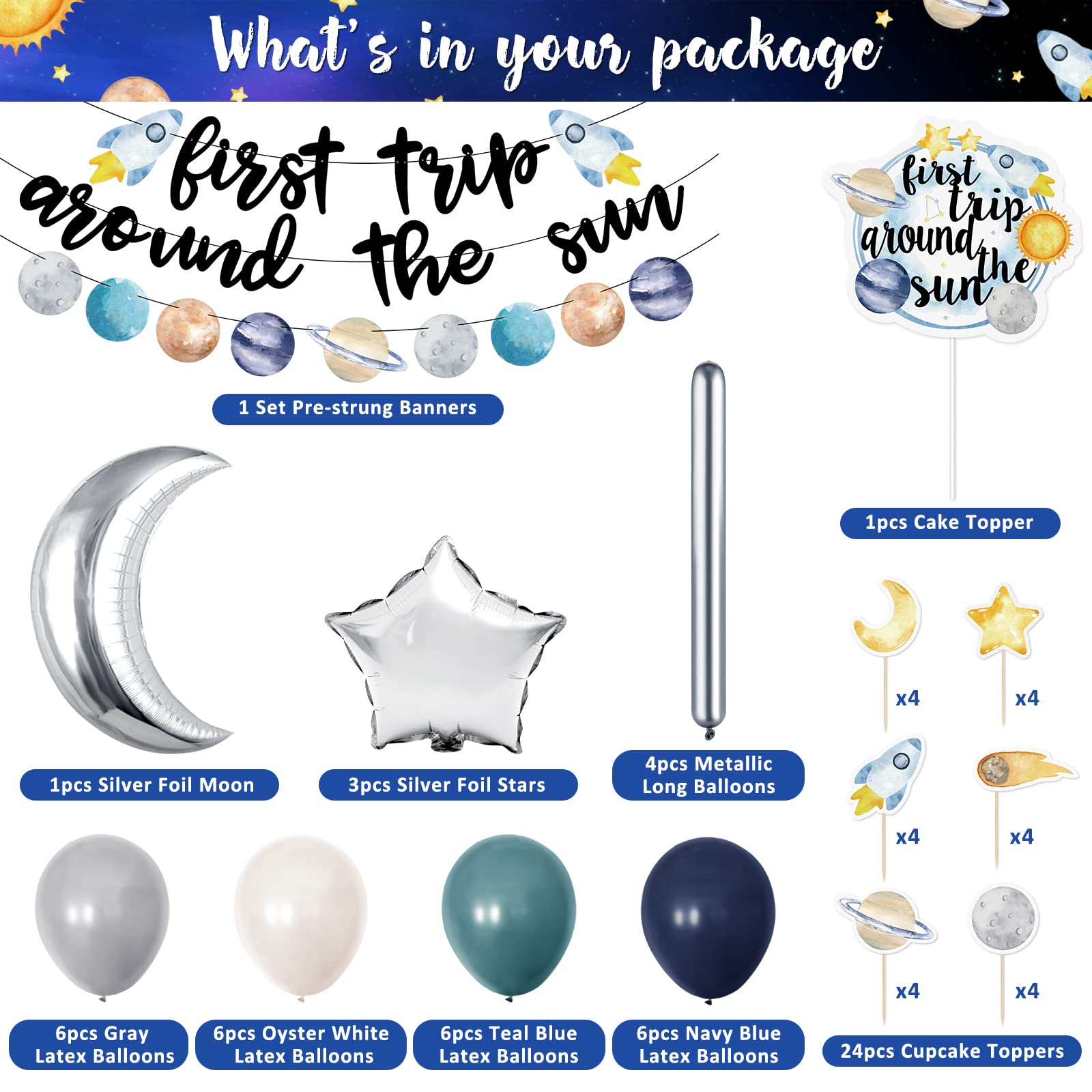 First trip Around the Sun Birthday Decorations -58pcs Outer Space 1st