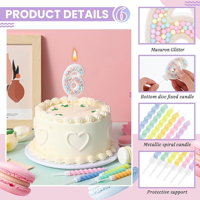 MTLEE Number 6 Birthday Candle with 12 Pcs Spiral Candles for Girls Ma