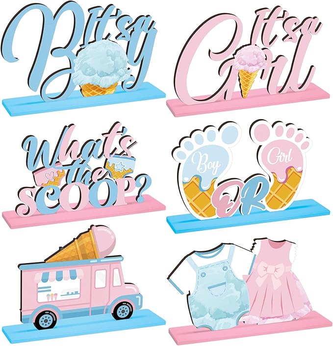 6 Pcs Ice Cream Gender Reveal Wooden Table Decorations Topper Blue