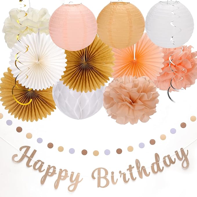 Champagne Gold & Peach Boho Birthday Party Decor Kit 21 Piece Autumn