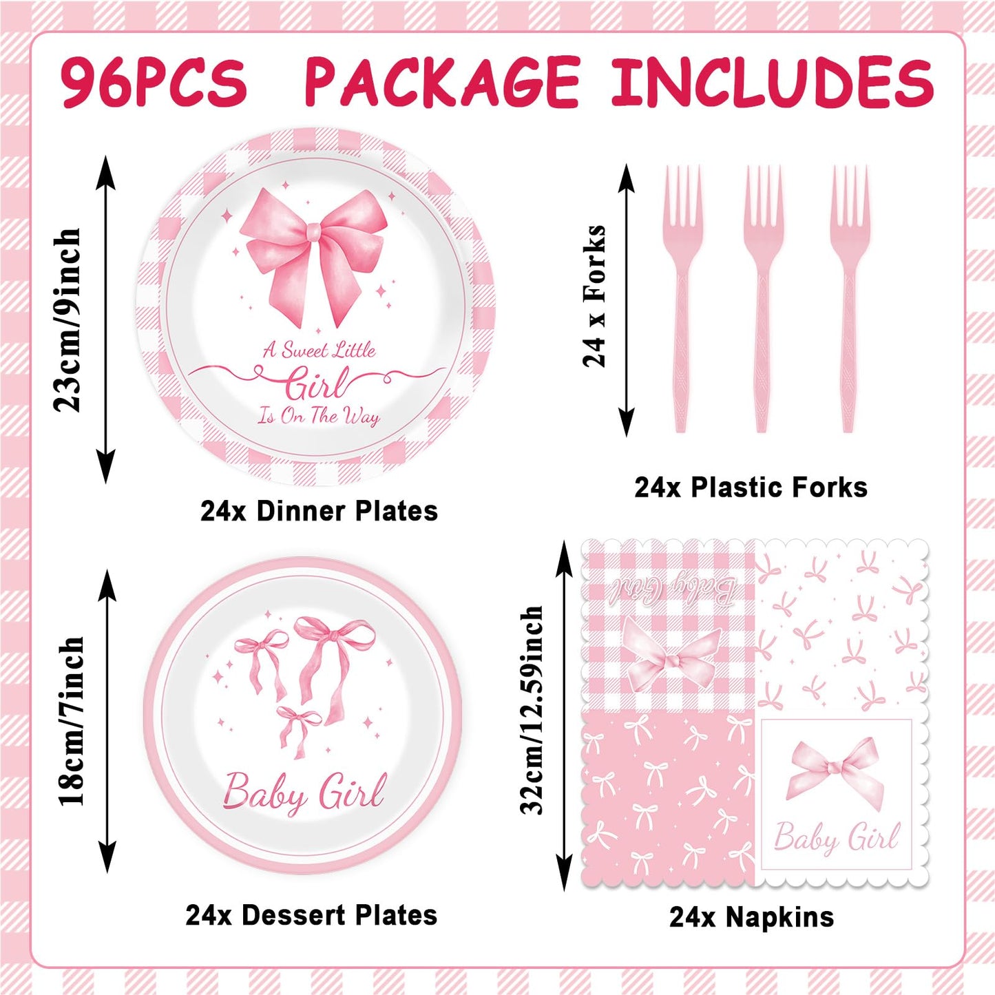 96Pcs Pink Bow Baby Shower Party Supplies Girl Bow Paper Plates