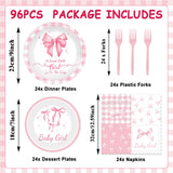 96Pcs Pink Bow Baby Shower Party Supplies Girl Bow Paper Plates