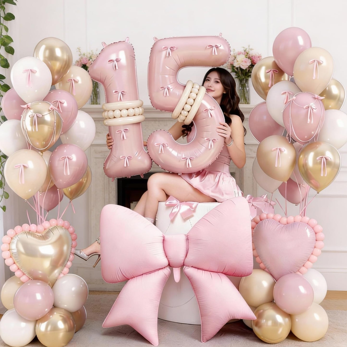 Pink Number 15 Balloon 40 Inch, Dusty Blush Pink Gold White Sand Latex