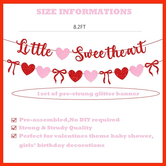 Valentine's Day Little Sweetheart Party Banner Glitter Red Pink