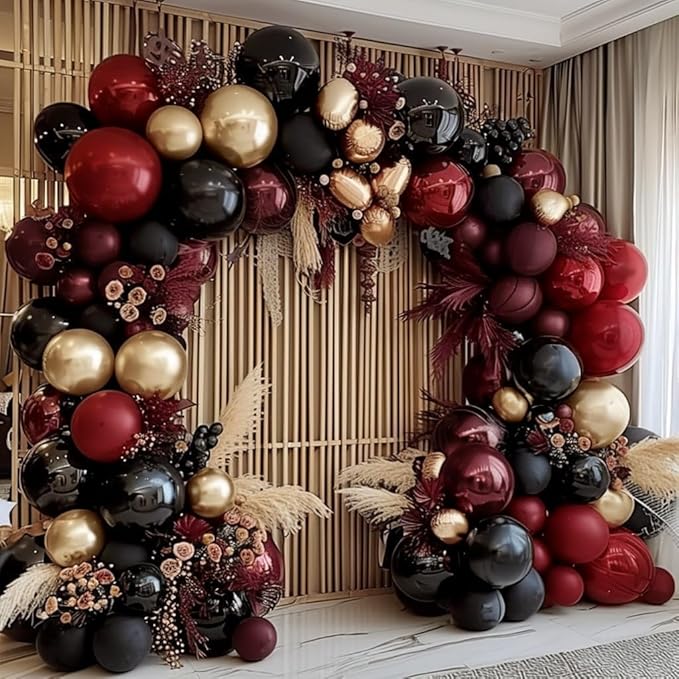 Burgundy Black Gold Balloon Garland Double Stuffed Dark Red Gold