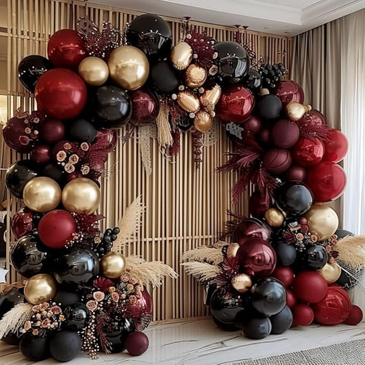 Burgundy Black Gold Balloon Garland Double Stuffed Dark Red Gold