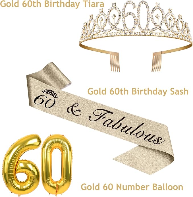60th Birthday Decorations for Women Gold with 60th Birthday Sash and