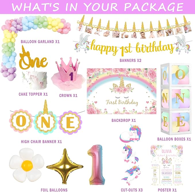 Unicorn 1st Birthday Decorations Girl's First Birthday Party Pack